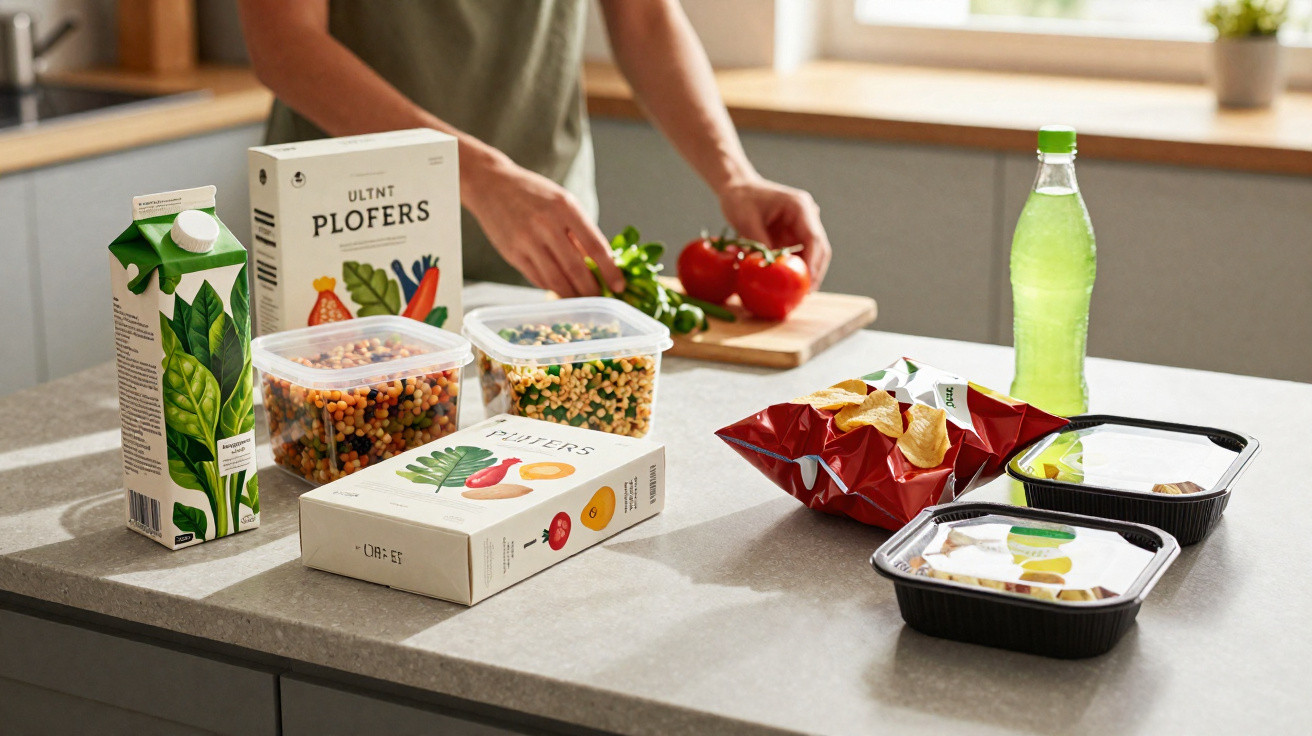 Bancada de cozinha com vários alimentos embalados, legumes frescos e uma garrafa de bebida verde.