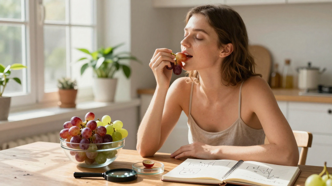 Mulher a comer uvas sentada à mesa com caderno, lupa e jarra de fruta numa cozinha luminosa.