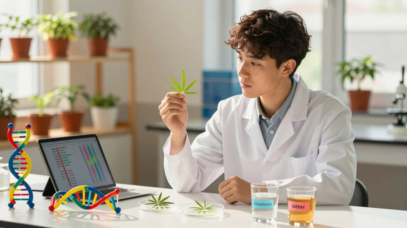 Cientista em jaleco examina folha de cannabis em laboratório com modelos de DNA e amostras de líquidos.