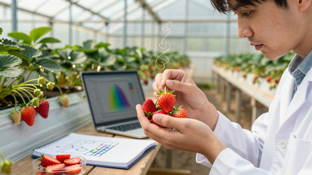 Cientista analisa morangos num laboratório agrícola com computador e notas ao fundo.