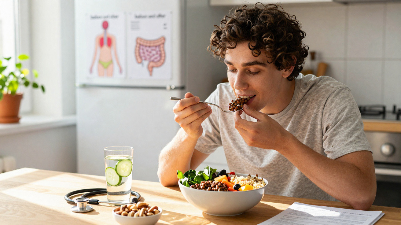 Homem a comer uma salada saudável com leguminosas na cozinha, com copo de água e estetoscópio na mesa.