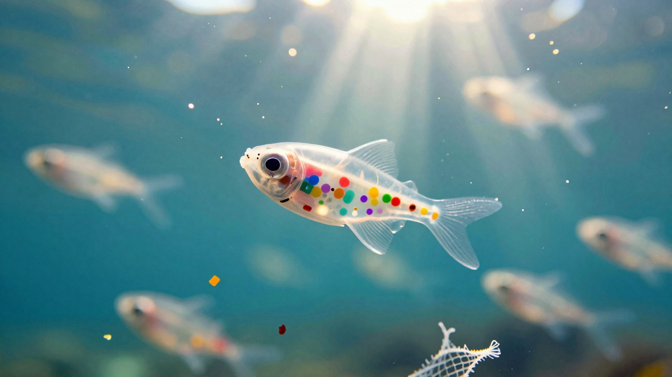 Peixe transparente com manchas coloridas a nadar em água iluminada pela luz do sol.