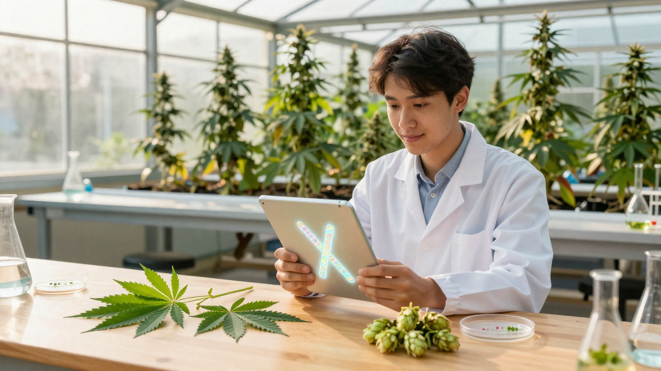 Cientista asiático numa estufa com plantas de cannabis, a analisar dados num tablet.
