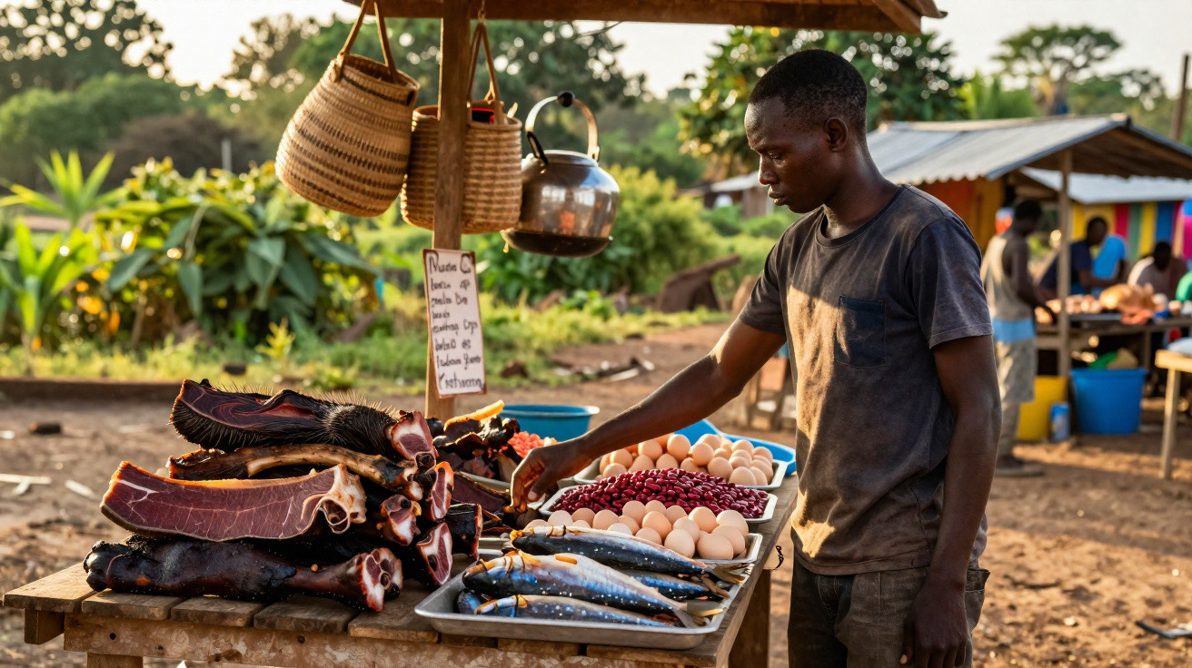 Homem num mercado ao ar livre a escolher entre peixe, ovos, feijão e carne seca numa banca.