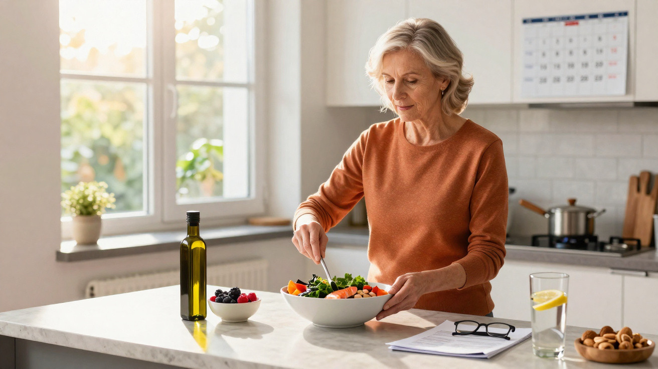 Mulher sénior prepara salada saudável na cozinha luminosa com ingredientes frescos e bebida com limão na mesa.