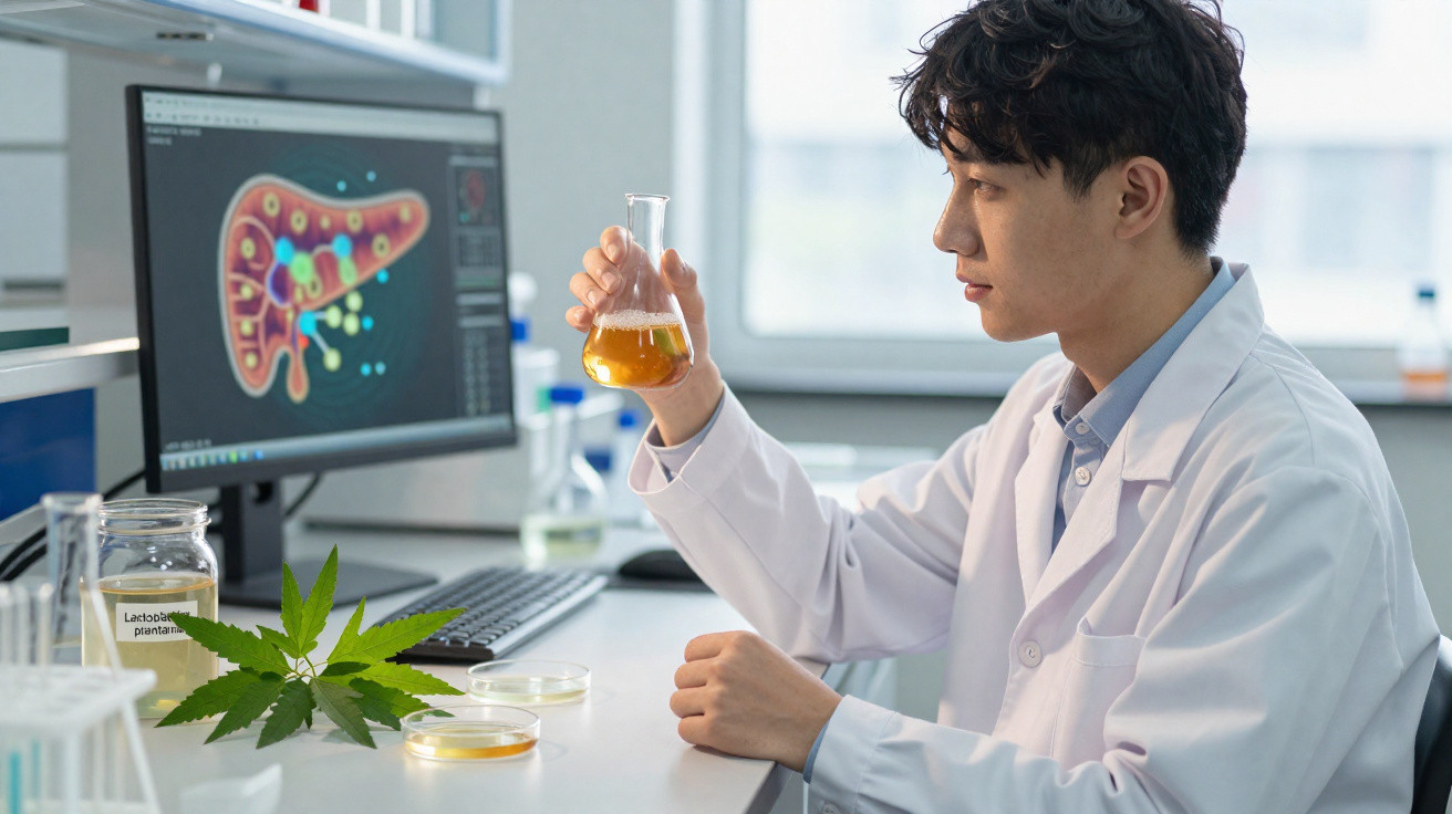 Cientista em laboratório a analisar líquido amarelo em tubo de ensaio com planta e ilustração anatómica no ecrã.