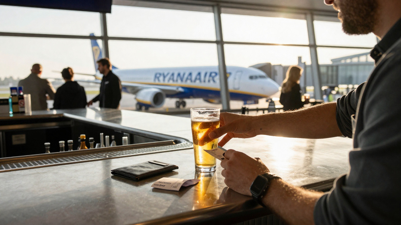 Homem a beber cerveja num bar de aeroporto com avião Ryanair visível pela janela.