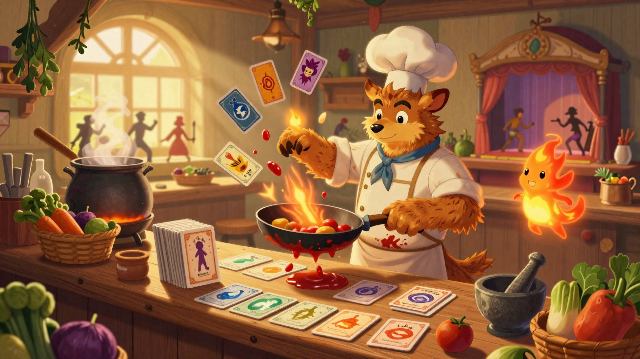 Lobo vestido de chef a cozinhar com cartas mágicas num ambiente de cozinha acolhedor e colorido.