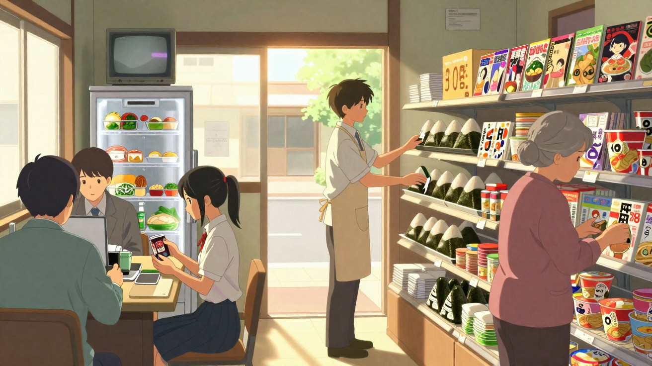 Interior de uma pequena loja japonesa com clientes, prateleiras de alimentos e um funcionário a organizar produtos.