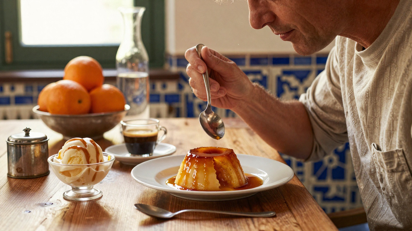 Pessoa prestes a comer pudim com caramelo, acompanhado de gelado, café e fruta numa mesa de madeira.