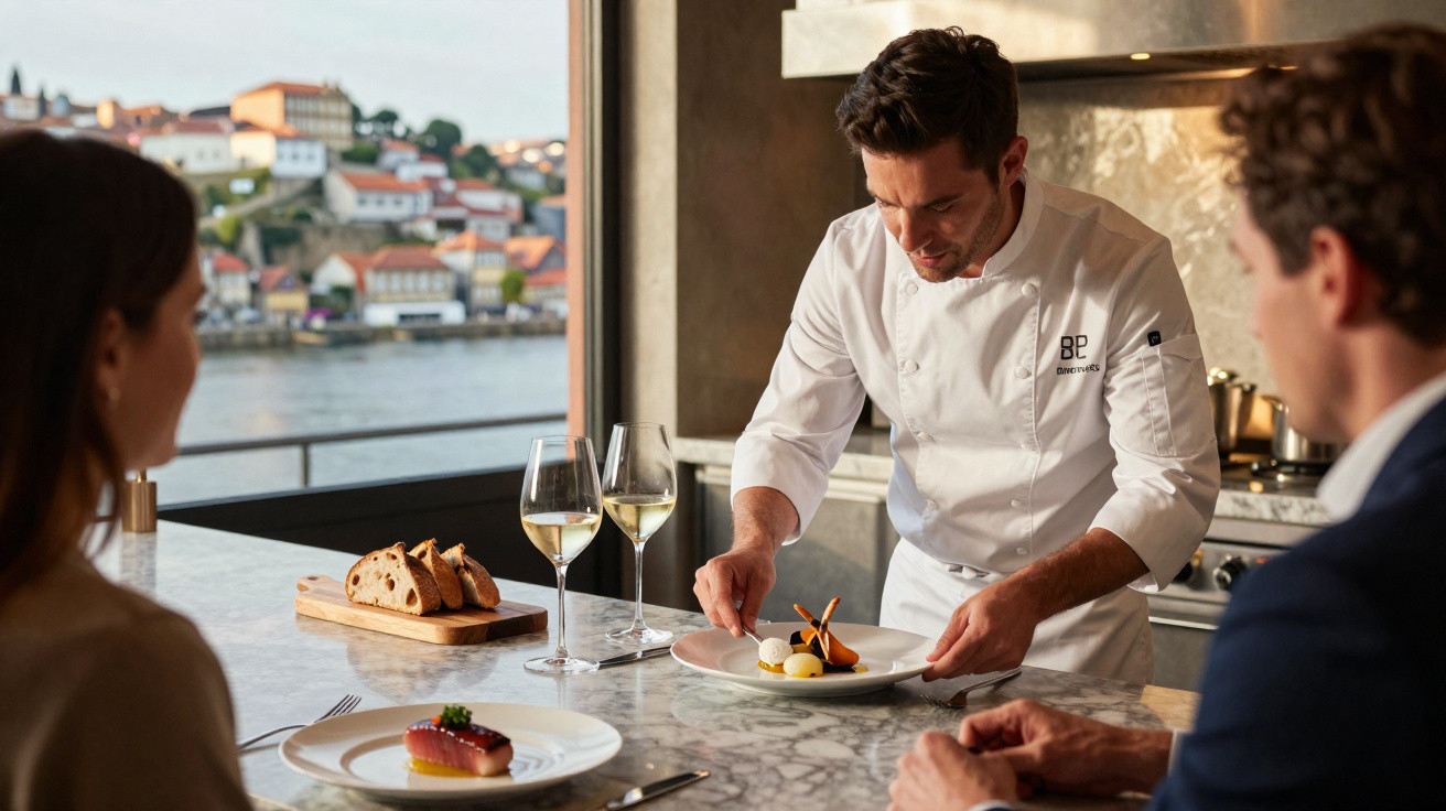 Chef a servir pratos sofisticados a casal num restaurante com vista para o rio e edifícios históricos.