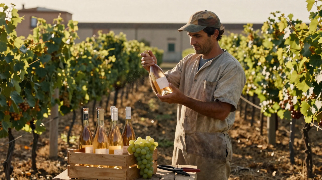 Homem numa vinha a segurar uma garrafa de vinho rosé com várias garrafas e uvas à sua frente.