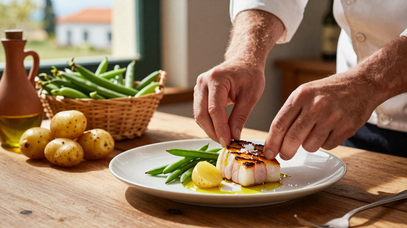 Mãos de chef a colocar sal na posta de peixe grelhado com batatas e feijão verde num prato branco.