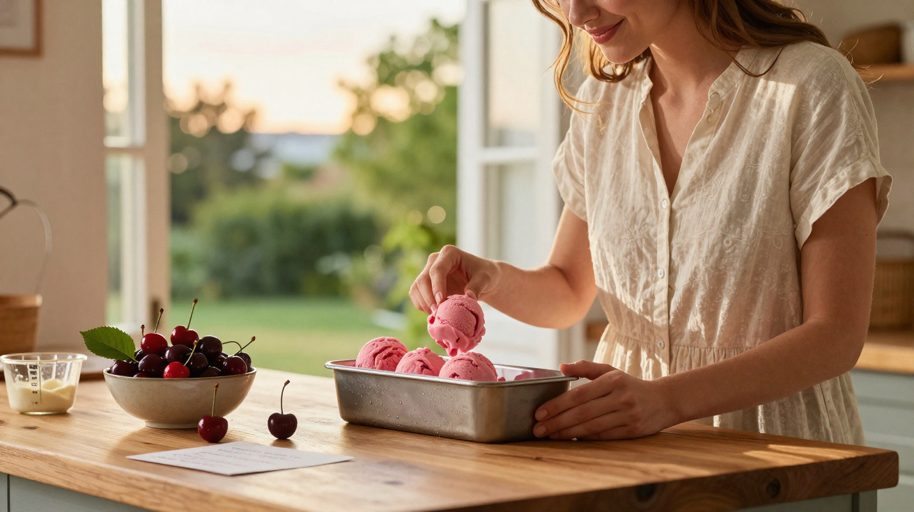 Mulher a colocar bolas de gelado de morango numa forma metálica numa cozinha com luz natural.