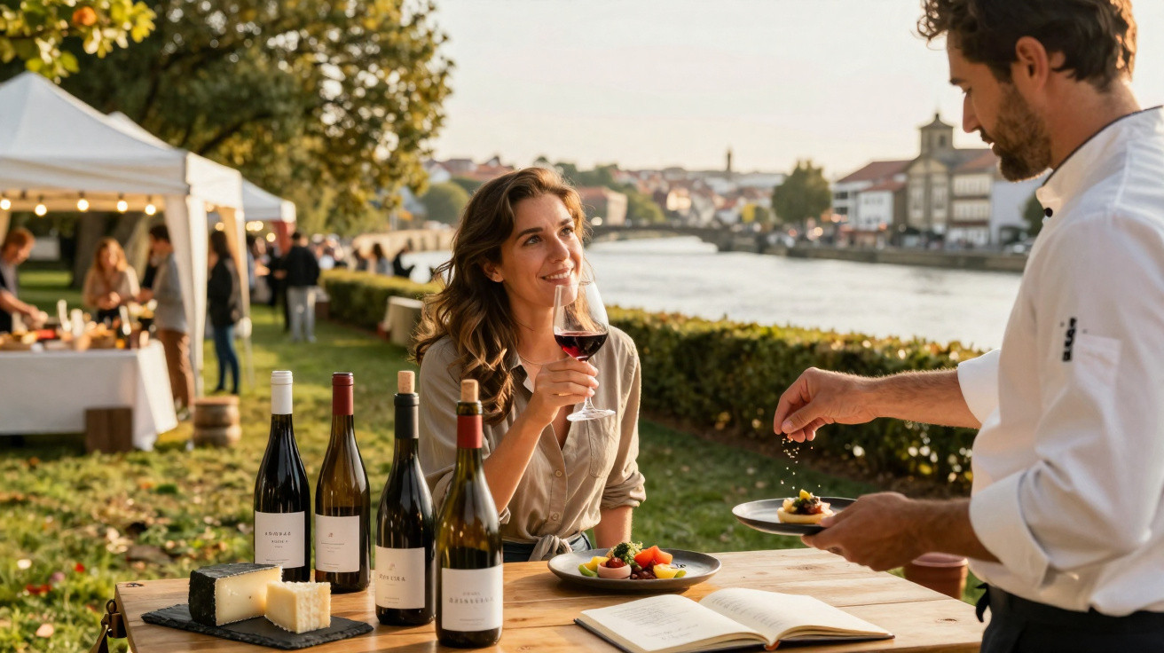 Mulher degusta vinho tinto ao ar livre enquanto chef adiciona tempero a prato, com garrafas e queijos na mesa.