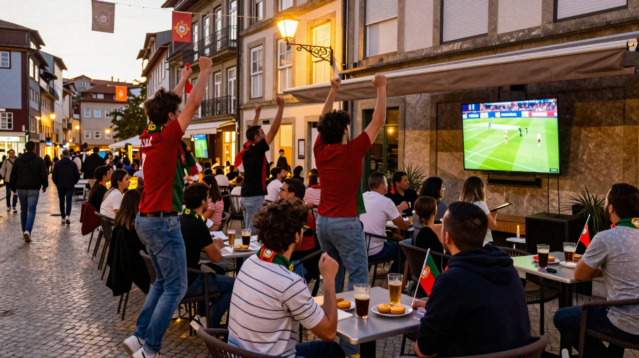 Pessoas numa esplanada urbana a assistir e celebrar um jogo de futebol num ecrã exterior à noite.
