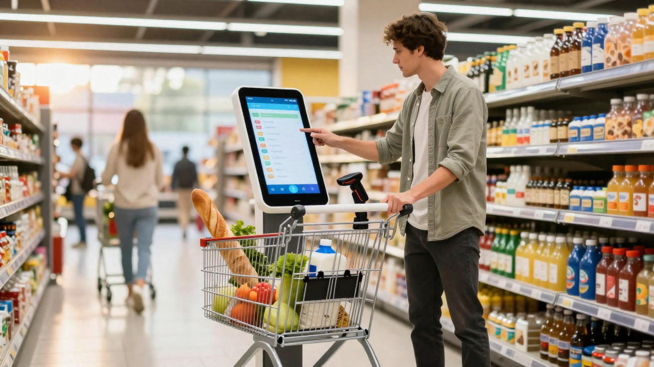 Homem consulta ecrã digital no carrinho de compras num supermercado moderno, rodeado de produtos.