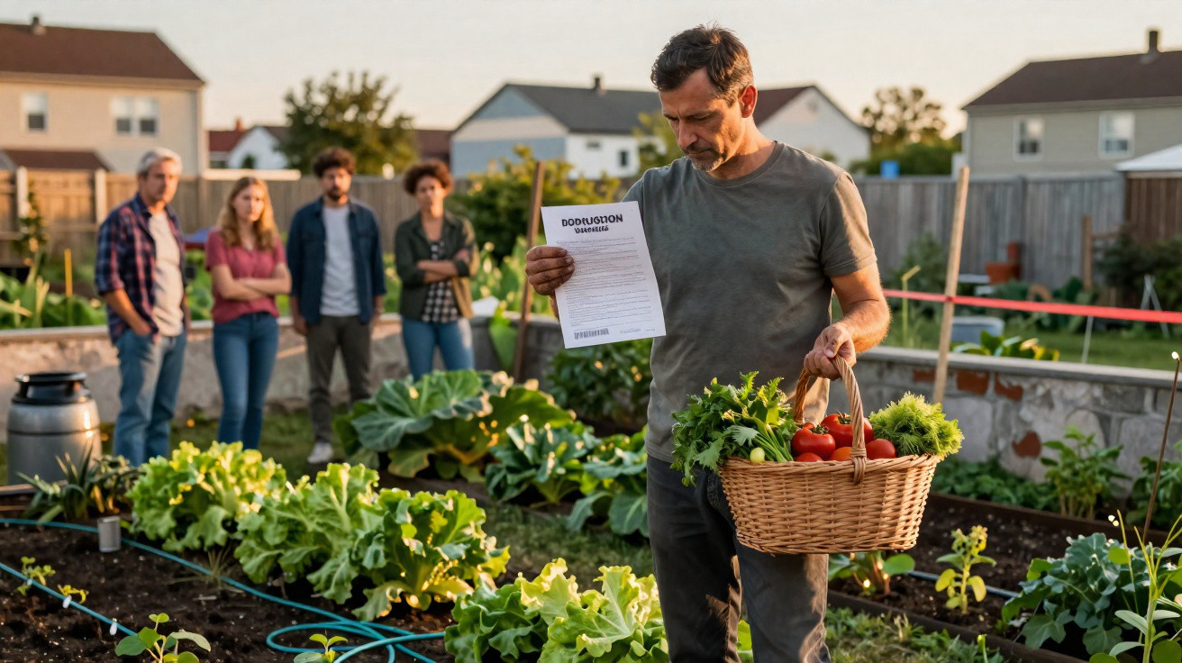 Homem com cesta de legumes e documento numa horta comunitária, com quatro pessoas ao fundo observares.