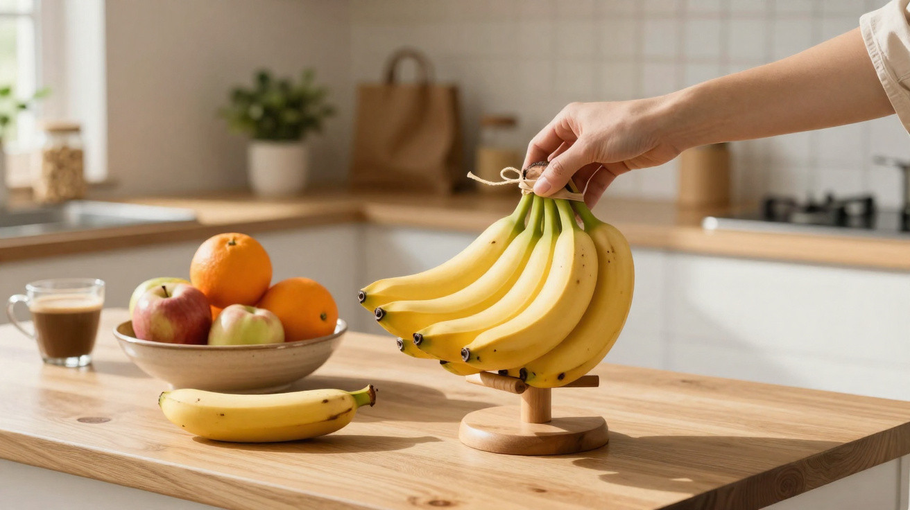 Mão a segurar cachos de bananas num suporte de madeira numa cozinha com frutas e café sobre a mesa.