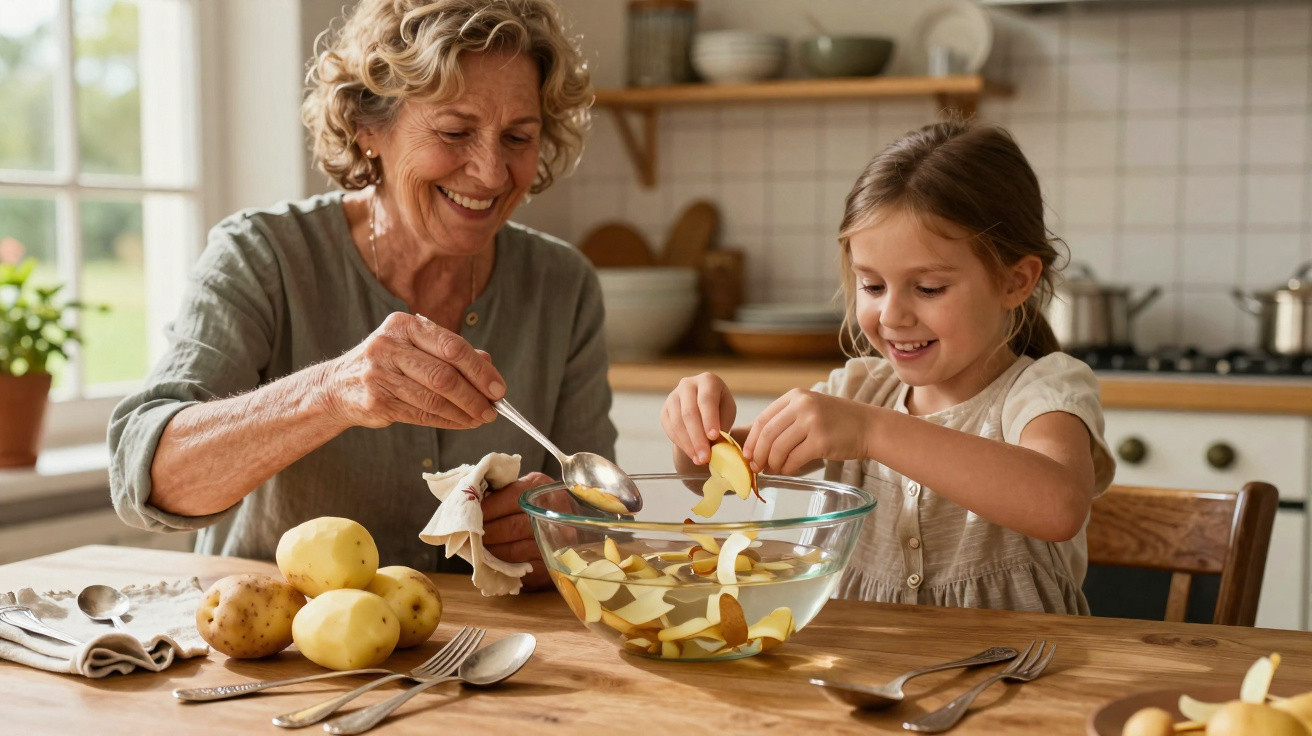 Avó e neta a preparar batatas numa cozinha luminosa e acolhedora, sorrindo juntas.