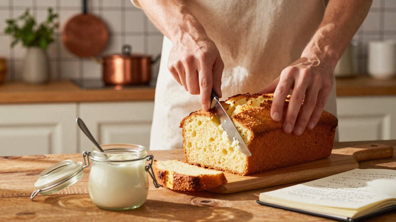 Pessoa a cortar fatias de pão caseiro numa tábua de madeira numa cozinha iluminada.