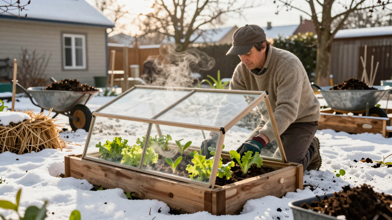 Homem a cuidar de uma estufa pequena num jardim coberto de neve numa manhã fria de inverno.