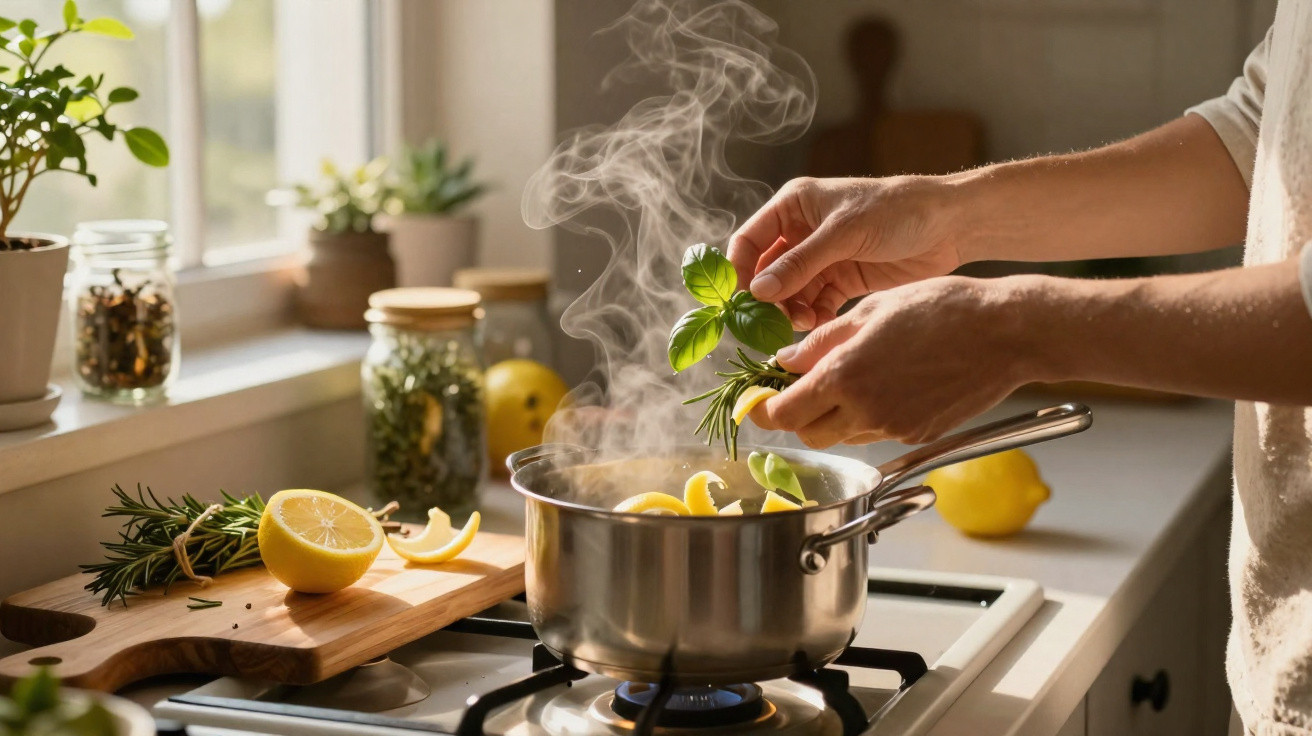 Mãos a adicionar ervas frescas a panela com limão e vapor na cozinha iluminada natural.