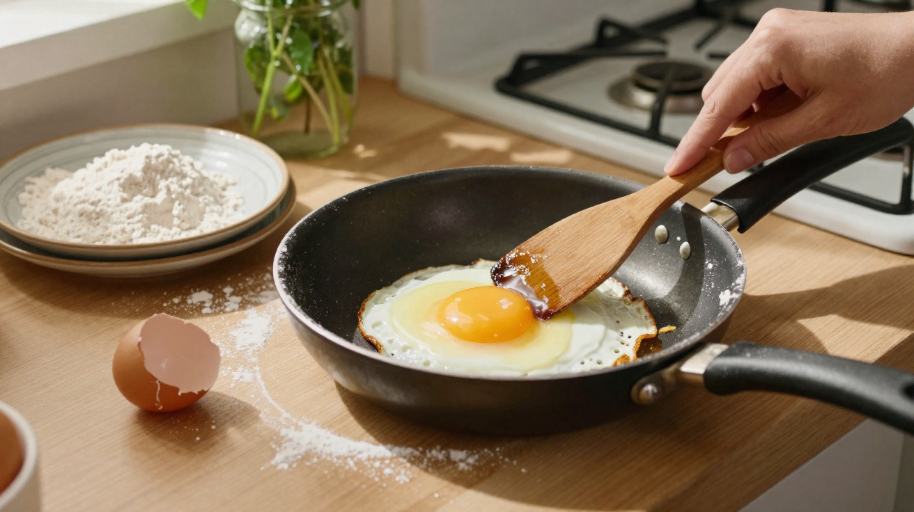 Pessoa a cozinhar ovo estrelado numa frigideira preta numa cozinha com ingredientes ao lado.