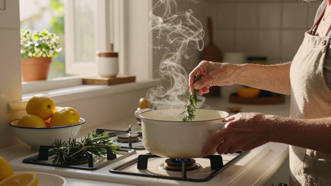 Pessoa a cozinhar com ramo de alecrim num tacho branco a ferver numa placa a gás numa cozinha iluminada.