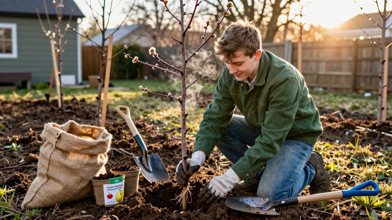 Jovem a plantar uma pequena árvore num jardim ao pôr do sol, com ferramentas e saco de terra à volta.