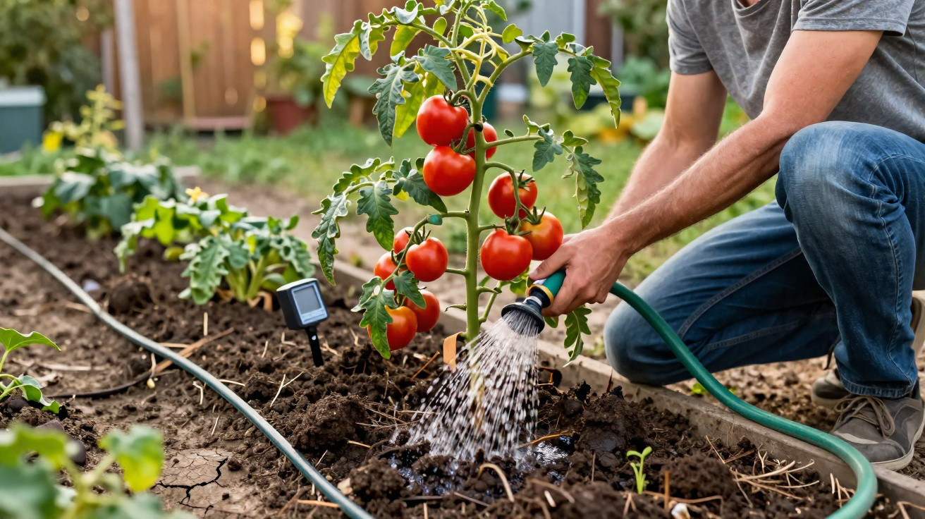 Pessoa a regar pé de tomate com frutos maduros num jardim ensolarado.