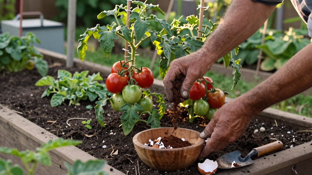 Mãos a misturar terra em taça de madeira junto a planta de tomateiros com frutos verdes e vermelhos.