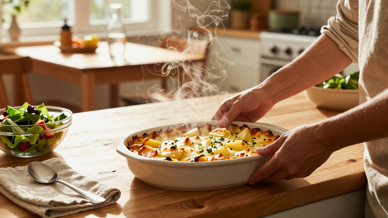 Pessoa a retirar do forno prato fumegante com gratinado de batata numa cozinha iluminada a luz natural