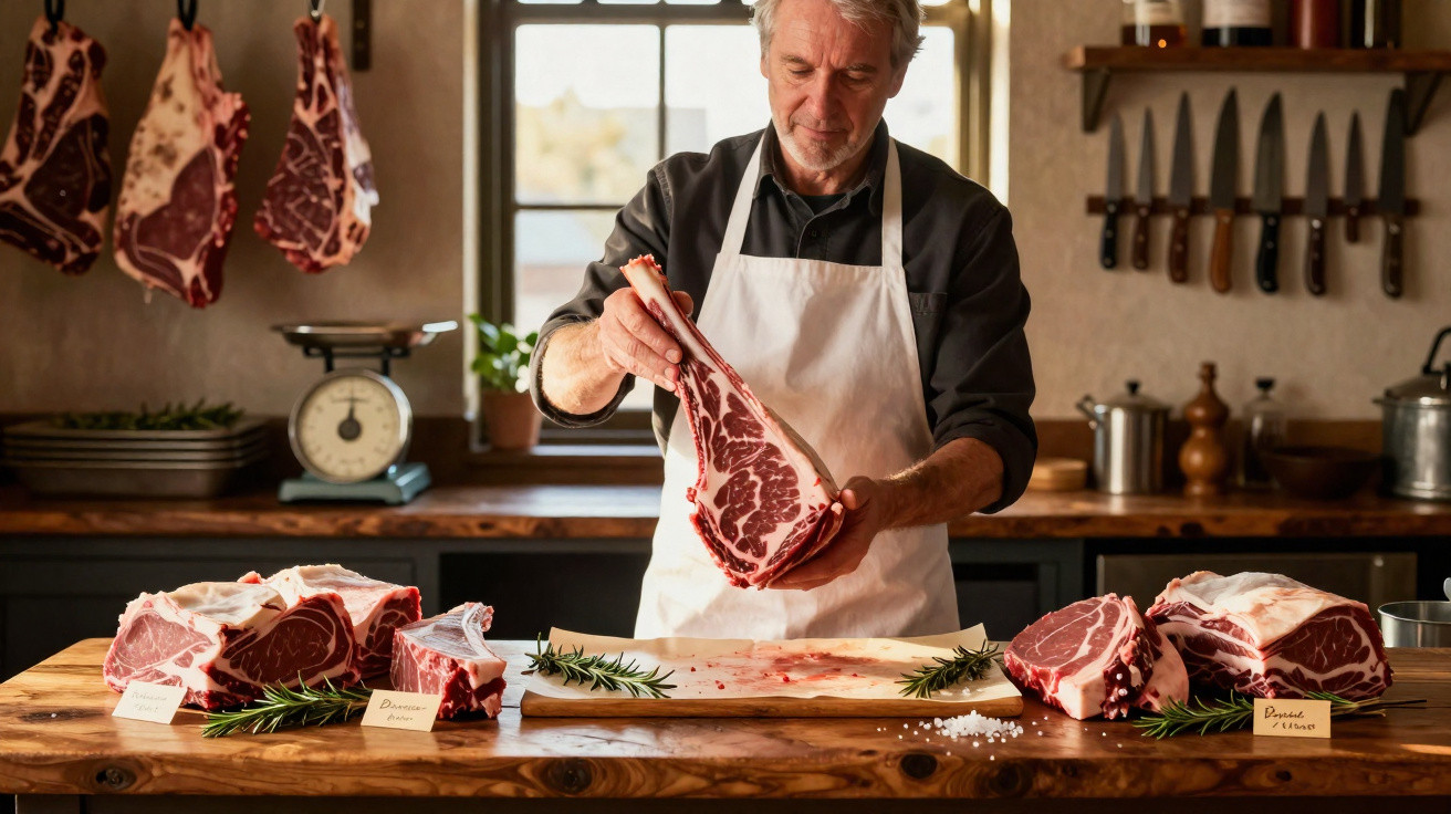 Açougueiro com avental branco segura peça de carne numa loja rústica com vários cortes expostos e facas na parede.