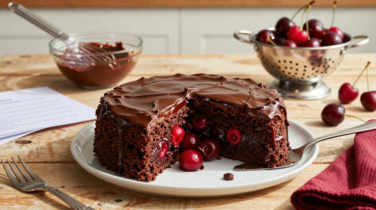 Bolo de chocolate com cobertura cremosa e recheio de cerejas frescas num prato branco sobre mesa de madeira.