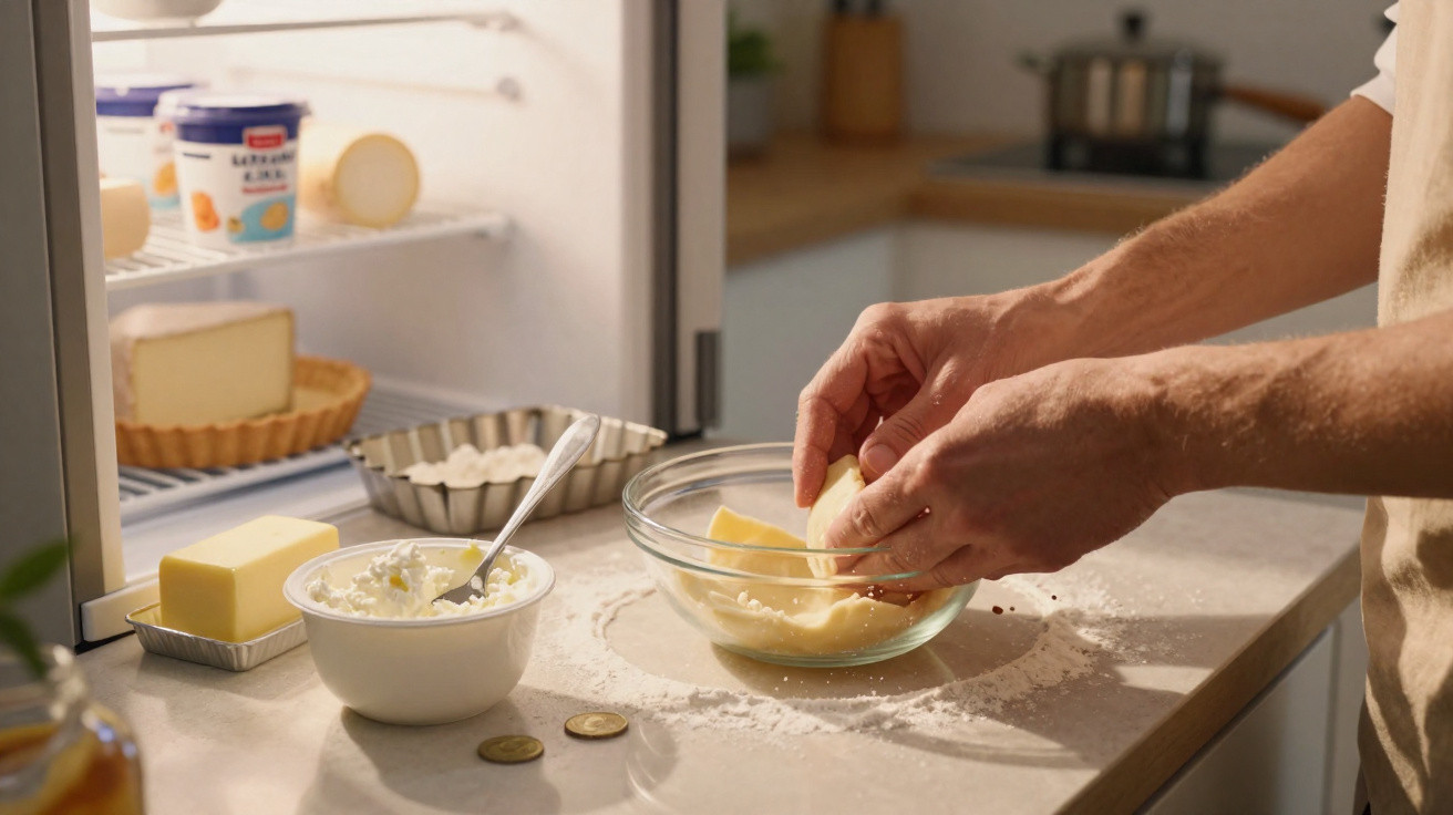 Mãos a preparar massa numa taça de vidro, com ingredientes como manteiga e queijo numa bancada junto ao frigorífico.
