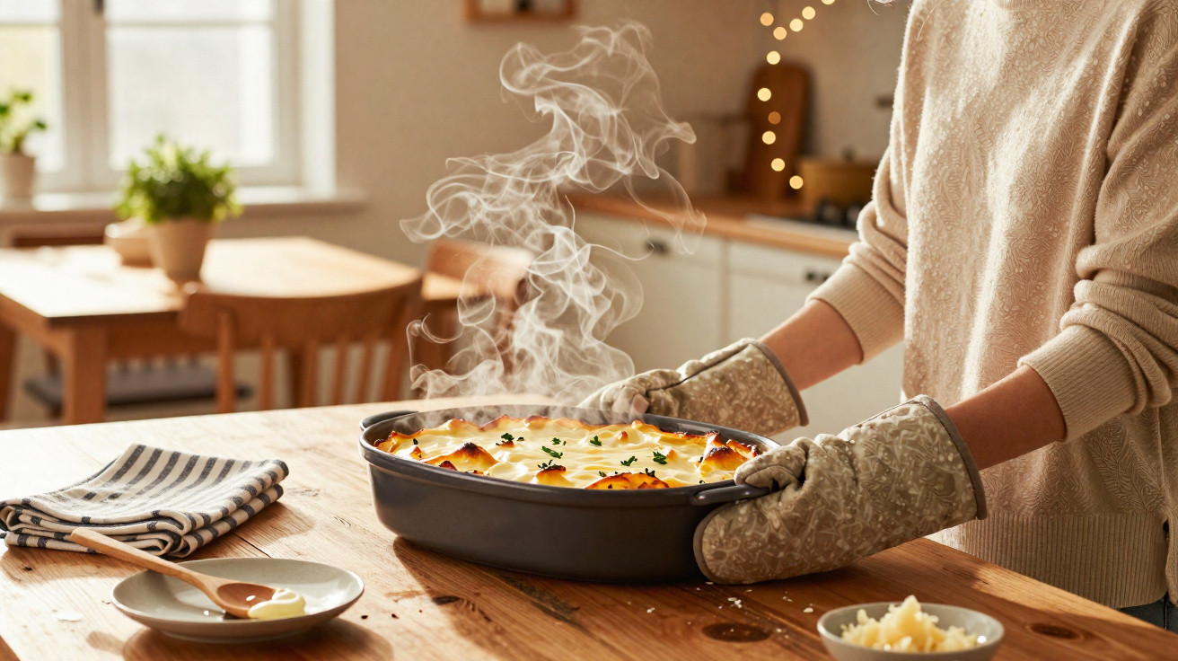 Pessoa com luvas a tirar um prato fumegante de forno numa cozinha acolhedora e luminosa.