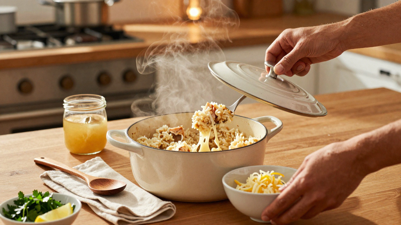 Pessoa a servir arroz com queijo fumegante de panela branca numa cozinha com ingredientes à volta.