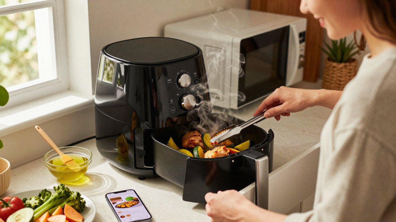 Pessoa a cozinhar carne e legumes numa fritadeira sem óleo numa cozinha moderna.