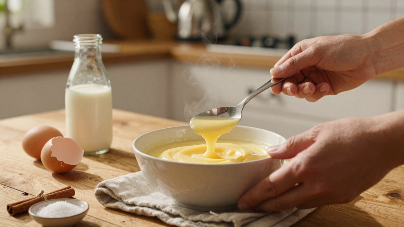 Mãos seguram colher e taça com creme amarelo quente numa cozinha com ovos, leite, canela e açúcar sobre mesa de madeira.