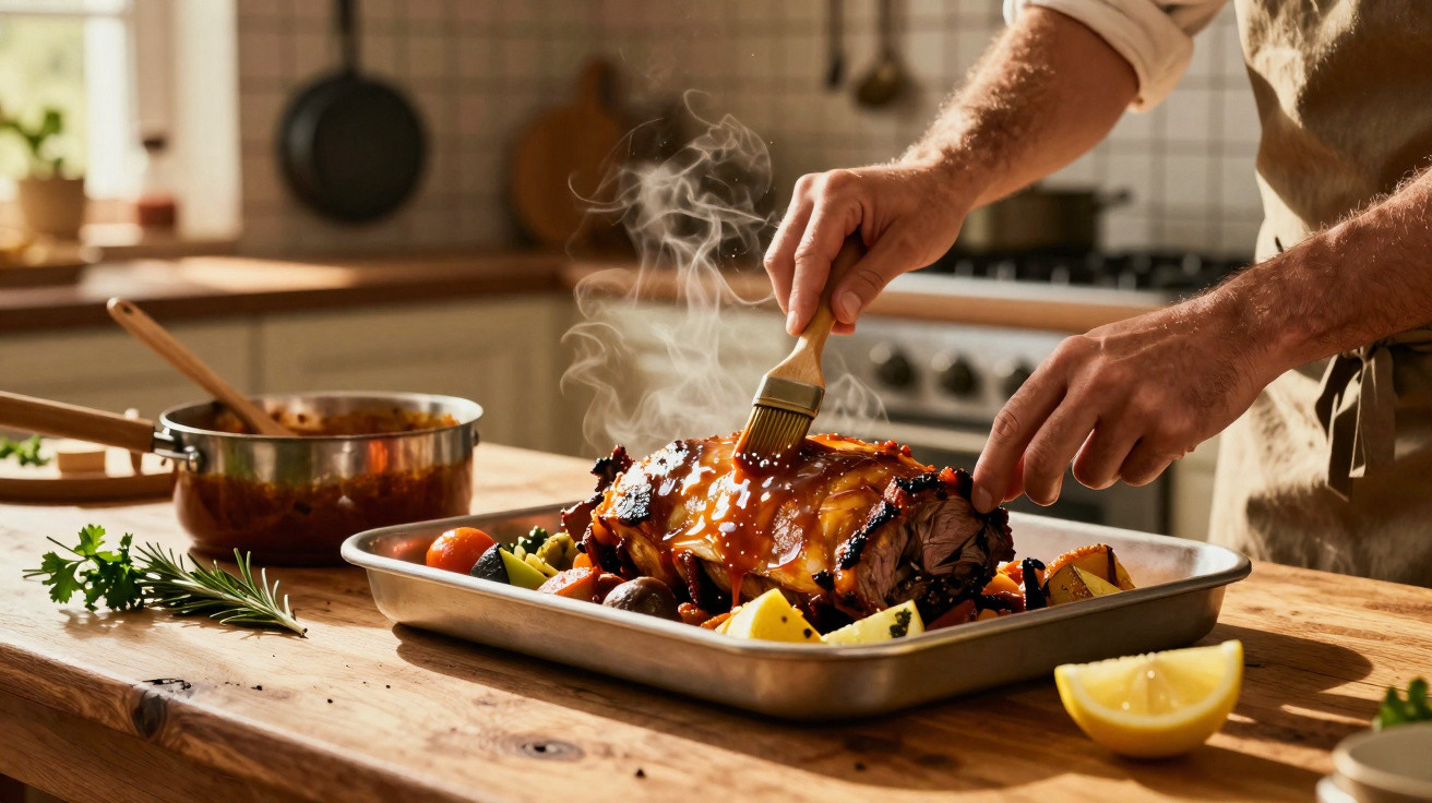 Pessoa a pincelar carne assada com molho numa tabuleiro com legumes e limão numa cozinha acolhedora.