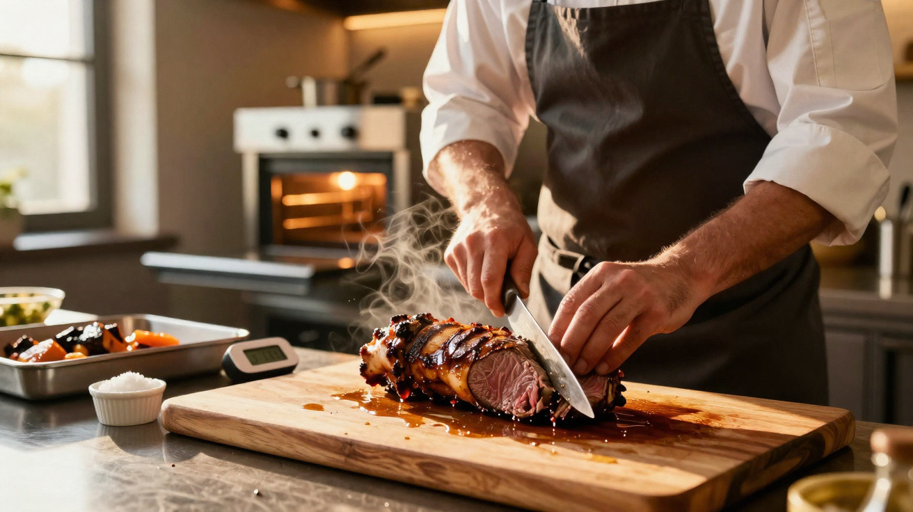 Chefe a cortar carne assada fumegante numa tábua de madeira numa cozinha moderna.