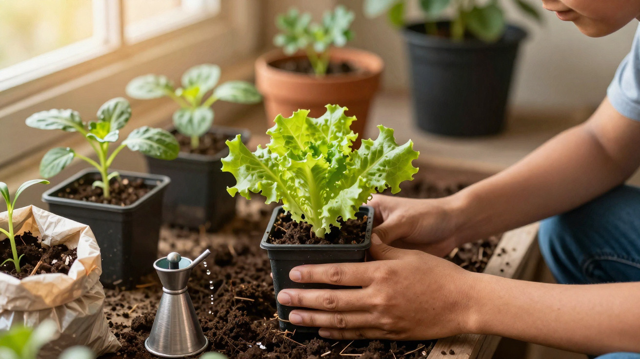 Mãos a transplantar alface para vaso com várias plantas em fundo iluminado por janela.