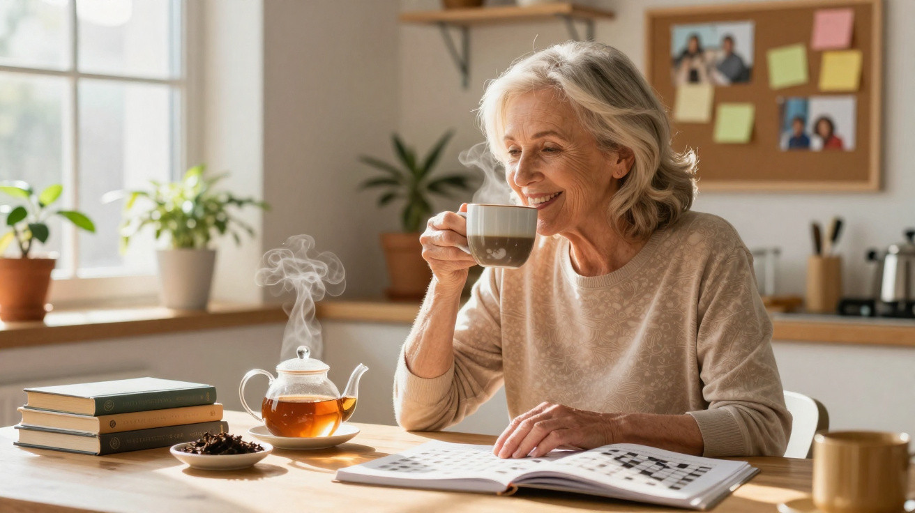 Mulher idosa sorridente a beber chá quente enquanto lê um livro, com plantas e livros na mesa ao lado.