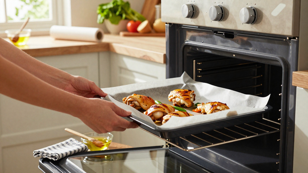 Pessoa a colocar tabuleiro com pedaços de frango temperado no forno numa cozinha moderna.