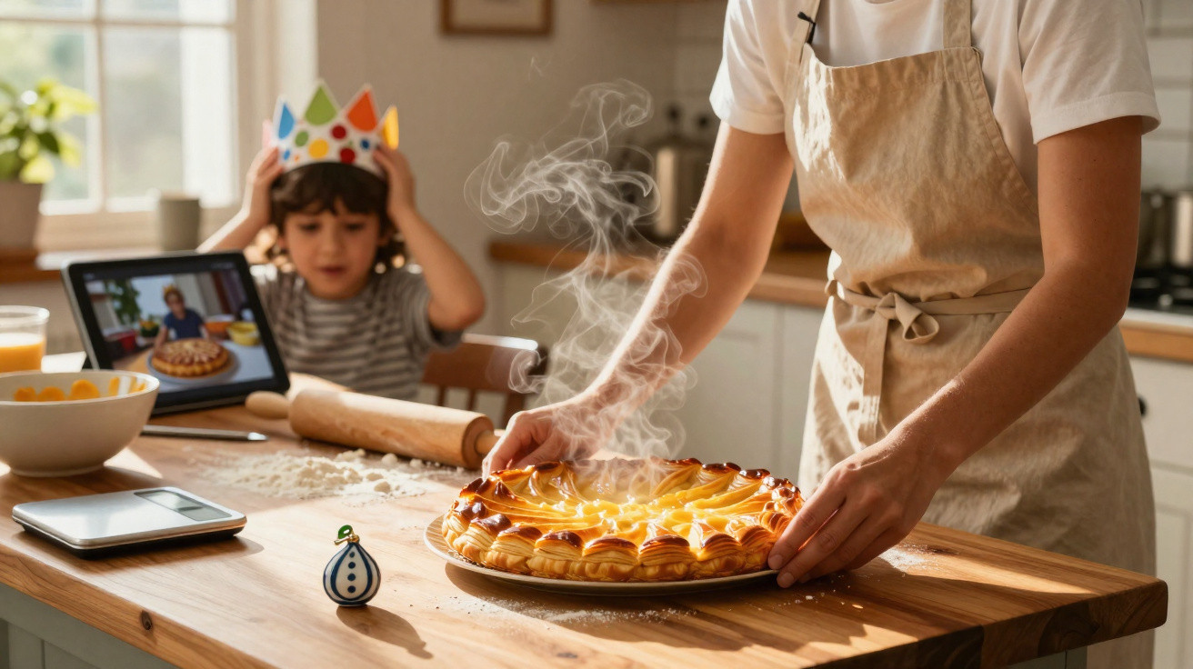 Pessoa a colocar tarte quente numa mesa de cozinha enquanto criança com coroa observa à distância.