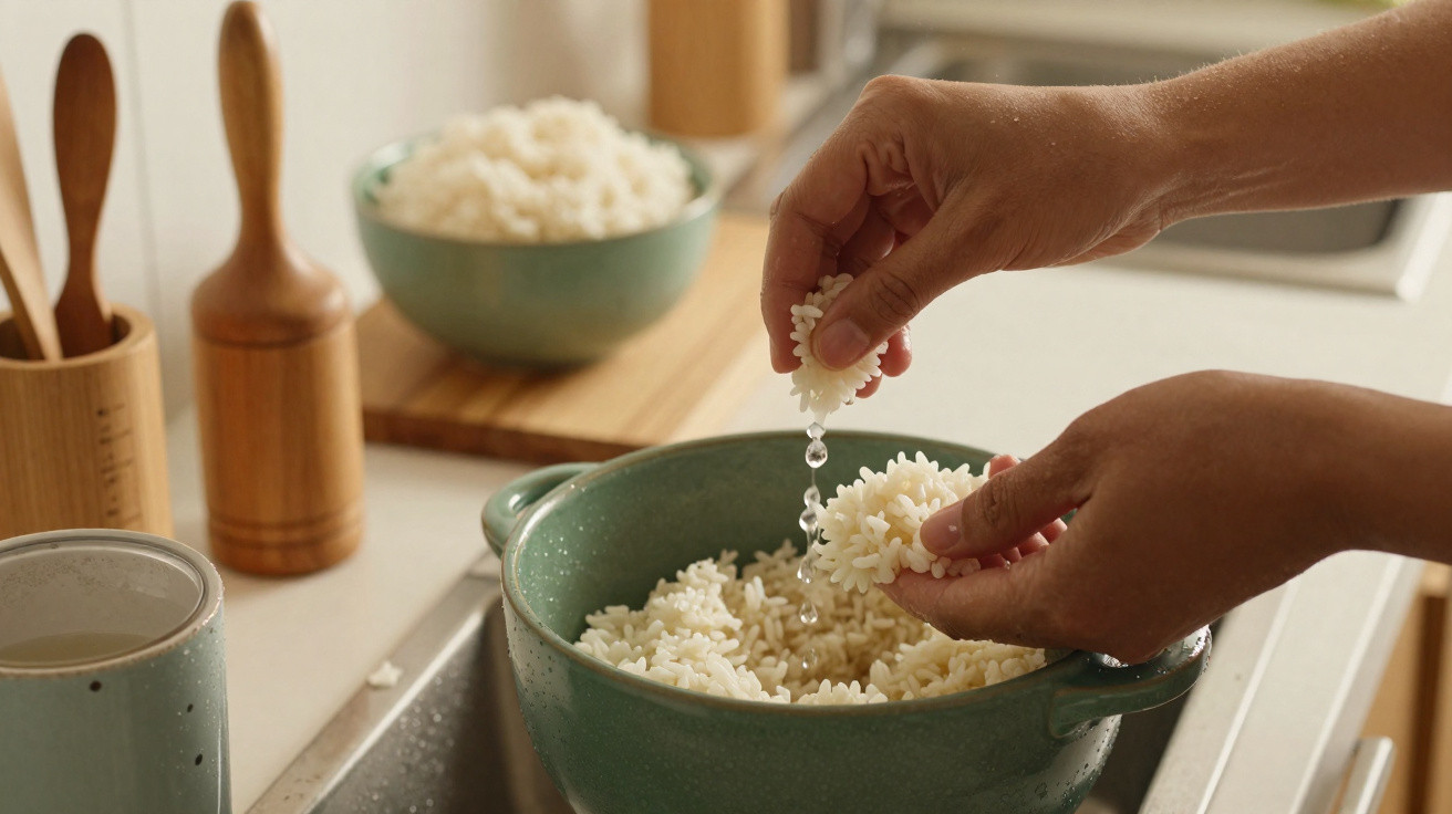 Mãos a lavar arroz numa tigela verde numa cozinha com utensílios de madeira ao fundo.