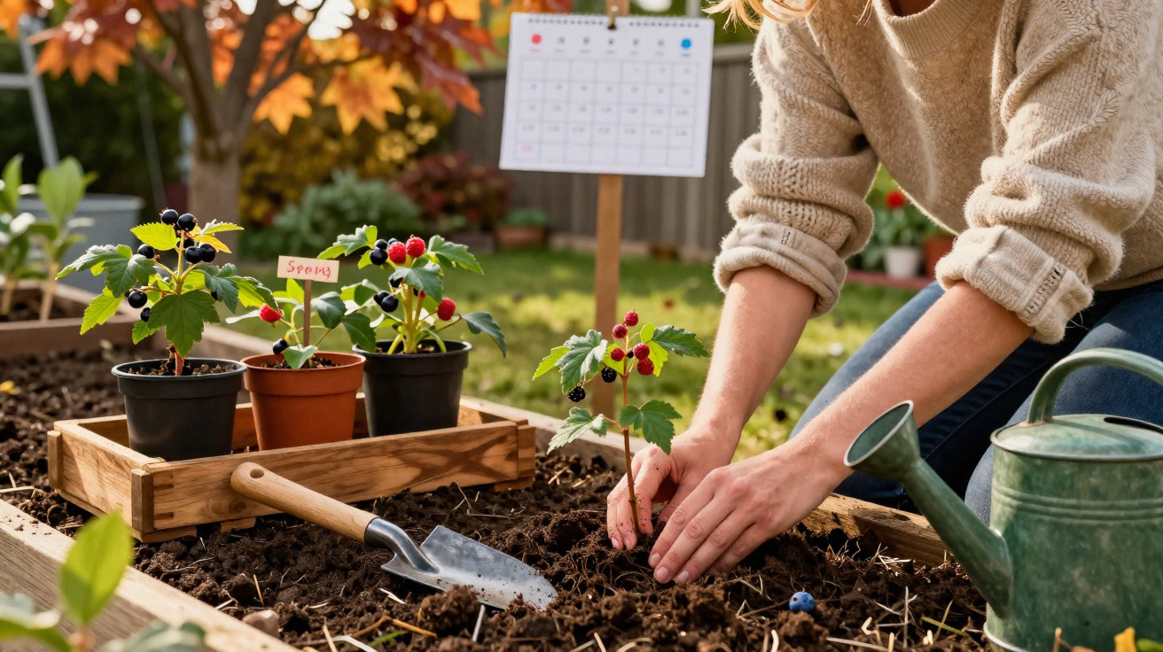 Pessoa a plantar uma pequena planta com frutos vermelhos num canteiro de jardim com terra solta.