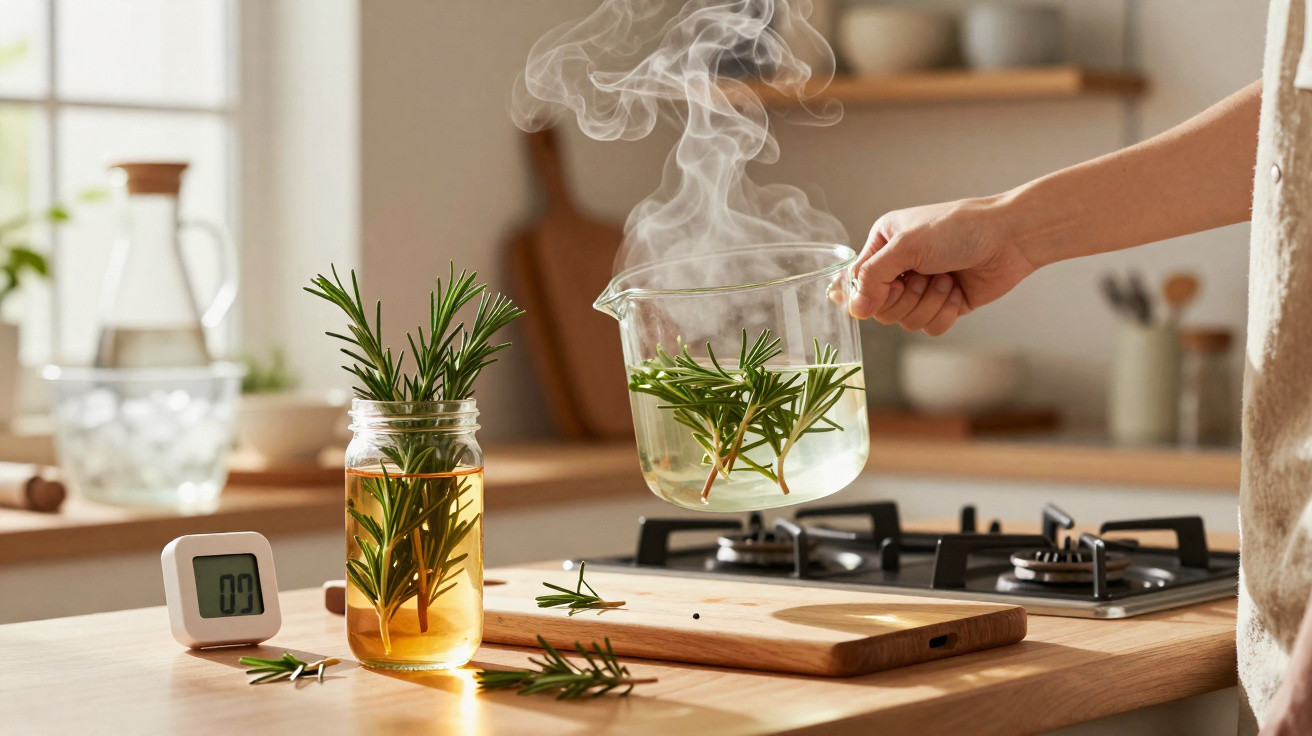 Pessoa a preparar infusão de alecrim com vapor numa cozinha luminosa e moderna.