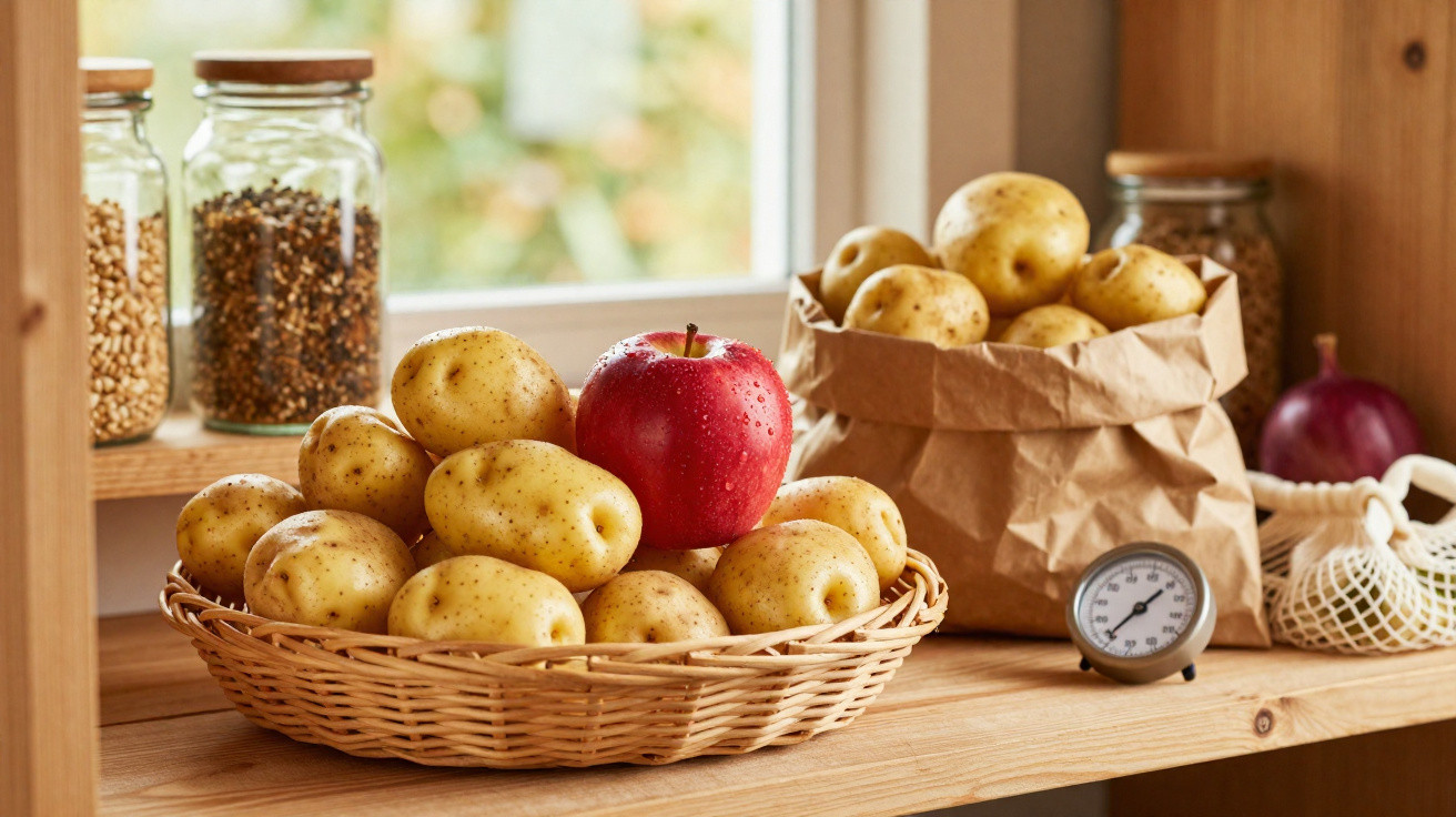 Cesto de vime com batatas e uma maçã vermelha, ao lado de saco de papel com mais batatas e frascos de especiarias.